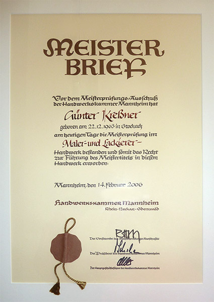 Meisterbrief Günter Kressner Maler und Lackierer