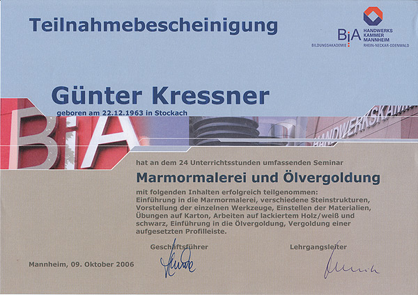Teilnahmebescheinigung Marmormalerei und Ölvergoldung